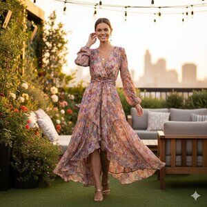 Elliatt Extravagant Satin Long Sleeve Maxi Dress Multi Floral Size Small NWT